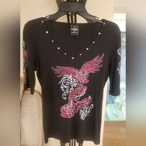 Black V-Neck Top with Red and White Graphic